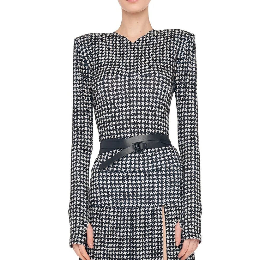Norma Kamali Houndstooth Long Sleeve Shoulder Pad V Neck Top, XXS